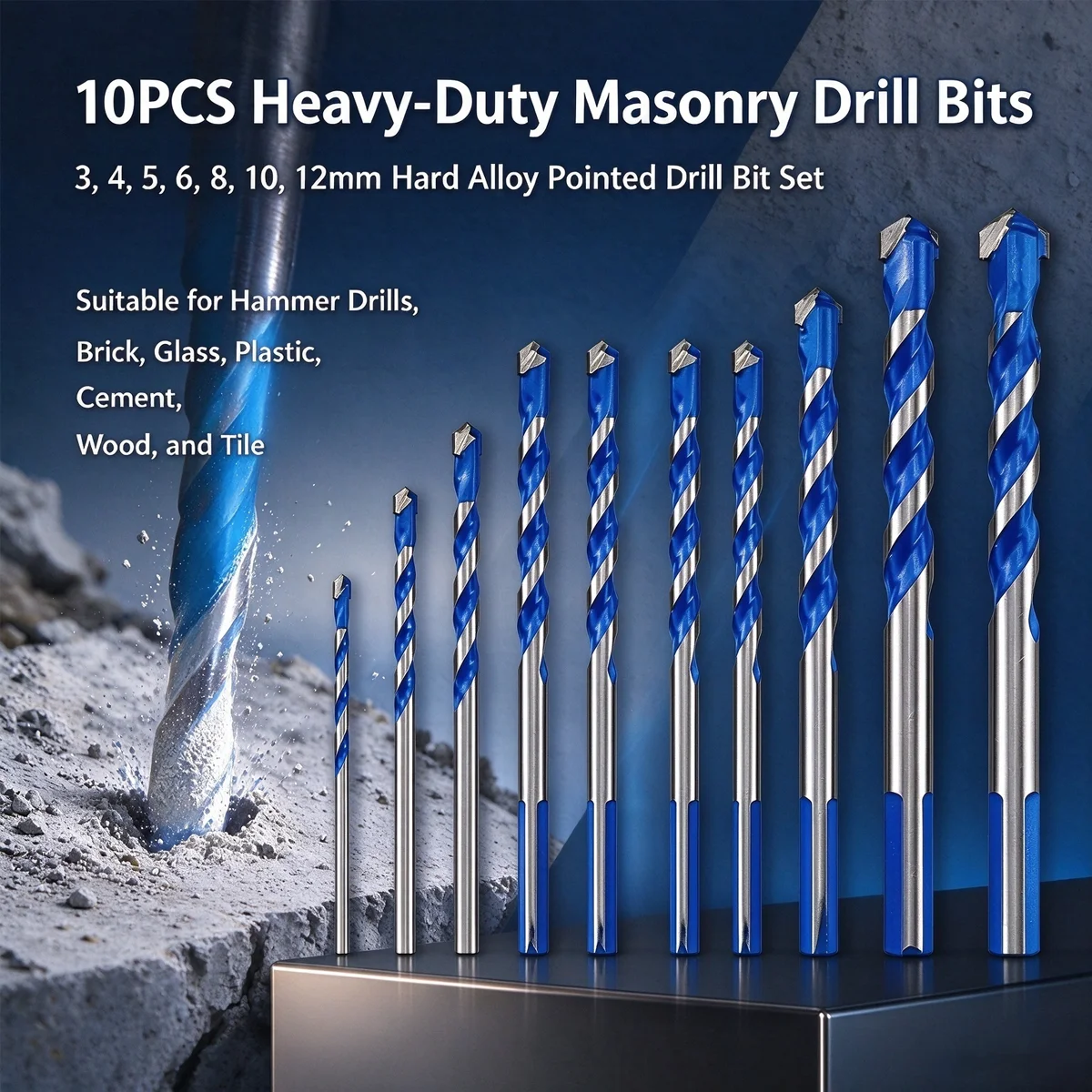 10PCS Heavy-Duty Masonry Drill Bits,3, 4, 5, 6, 8,10,12mm Hard Alloy Pointed Drill Bit Setor Hammer Drills,Brick/Glass/Wood/Tile