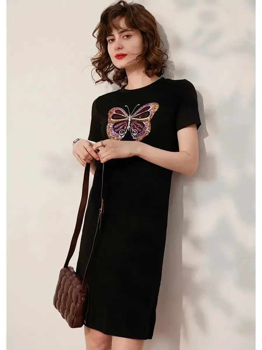 LOUIS YAO Women Sequin Embroidery Butterfly T-shirt Dress 2024 Summer Round Neck Short Sleeve Casual Basic Vent Short Dress