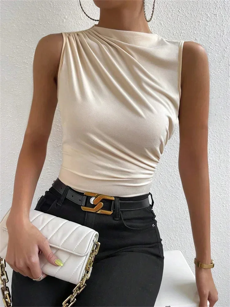 

Fashion Casual Mock Neck Ruched Tank Top for Women Summer 2025 Solid Color Pleated Sleeveless Tee Shirt Tshirt Streetwear Y2K