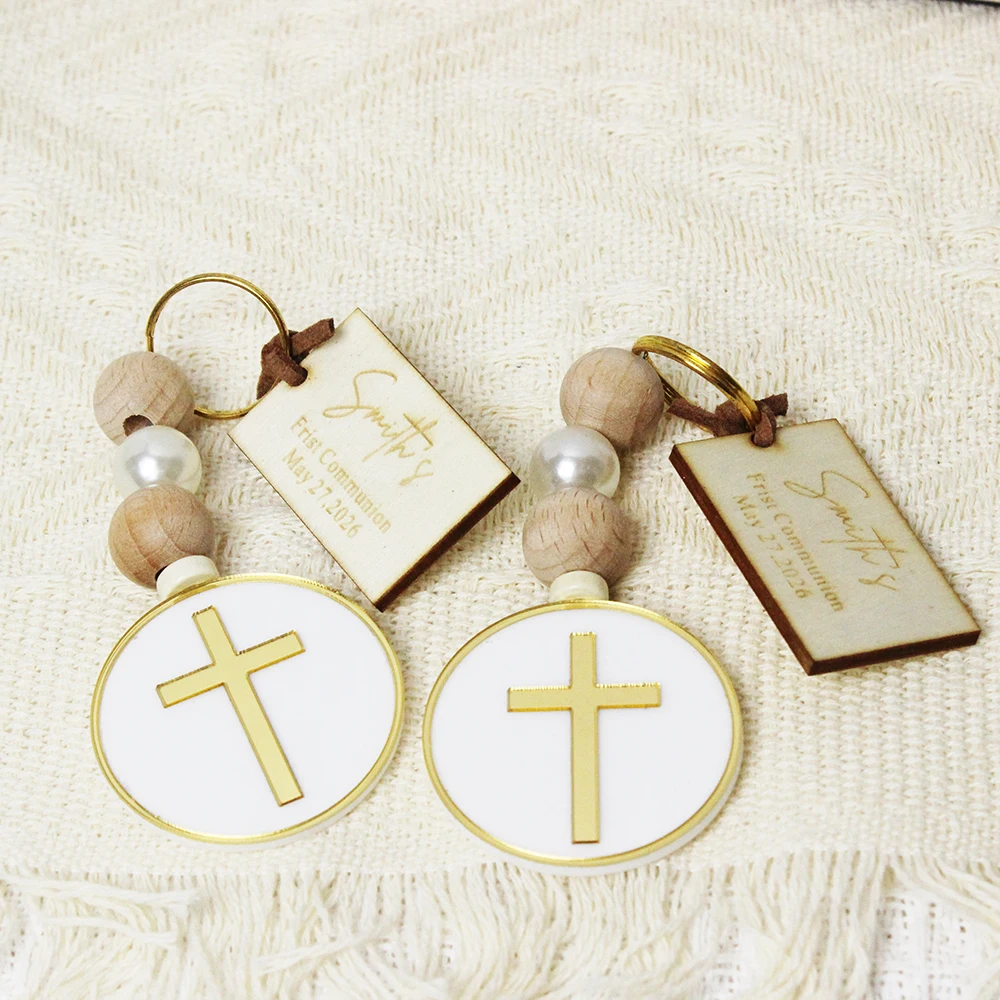 Personalized Cross Keychains Keyrings wood Baptism tags Custom First Communion Favors Mi Bautizo Baby Gift, Tasbeeh Favors
