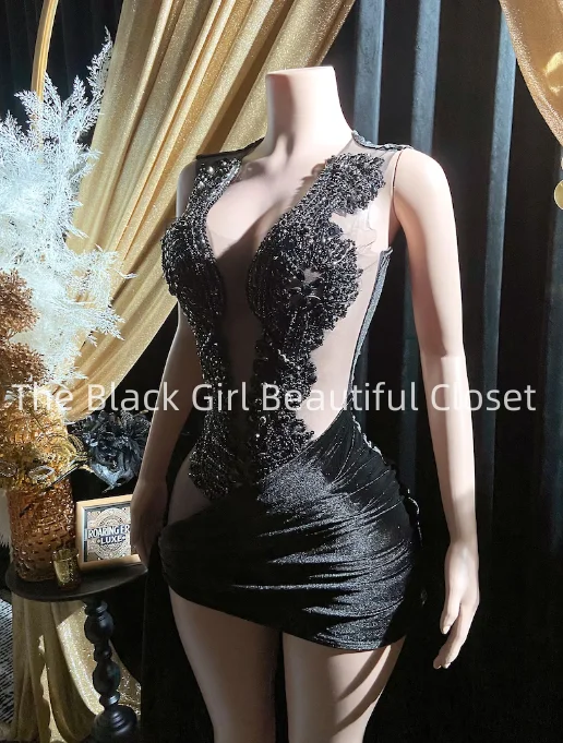 Customized  Black Sexy See Through Short Prom Dresses Glitter Crystal Appliques Black Girls Dresses