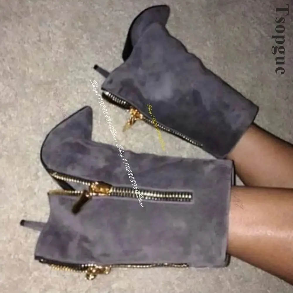 

Gray Suede Metal Zipper Pointy Ankle Boots Thin High Heel Shoes For Women Slip On Pointed Toe Luxury Plus Size Women Boots