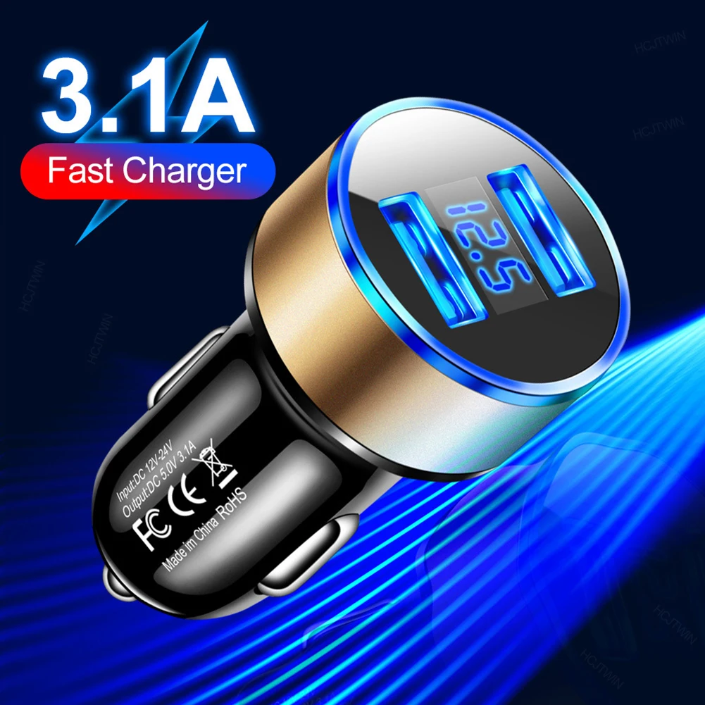 Car Charger USB Dual Port Quick Charging Adapter Rapid Plug LED Display 12V/24V Power Adapter For Mobile Phones, Tablets