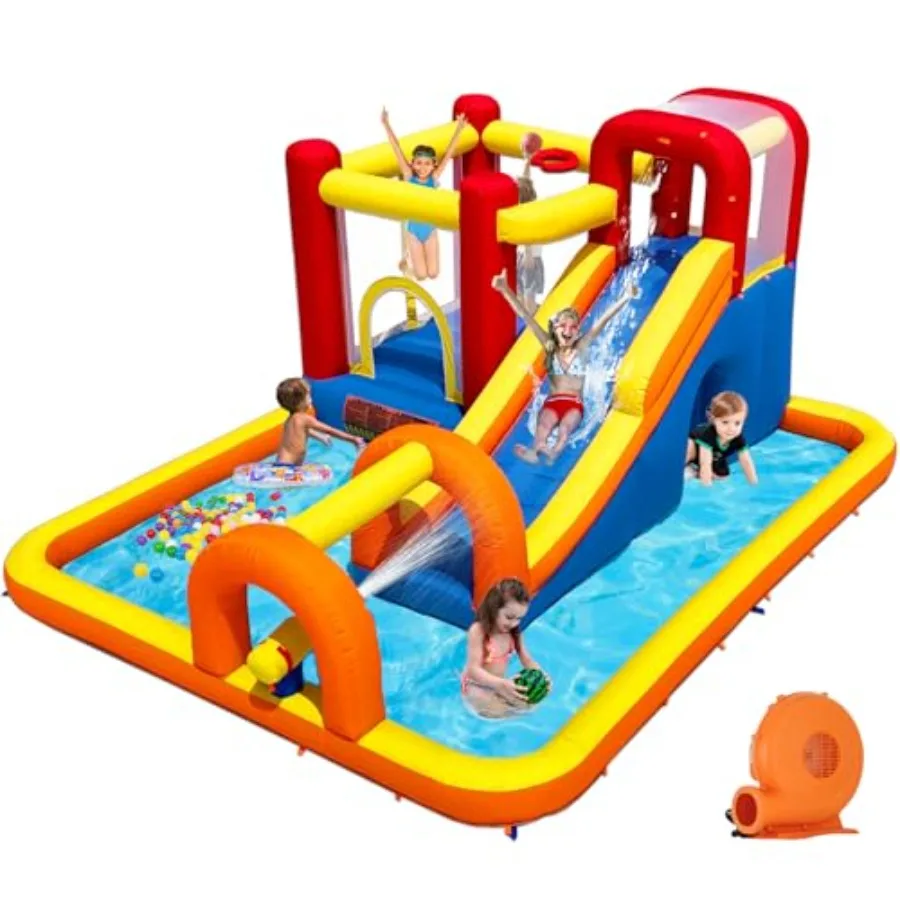 

Inflatable Bounce House Water Park with Long Water Slide Large Splash Pool Fits 5 Endless Fun of Jumping Sliding Climbing - Ext