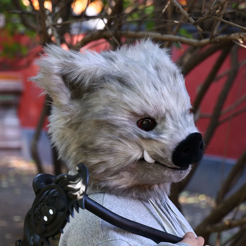 Fluffy Boar Animal Fursuit Head Kig‑Style Full Plush Furry Cosplay Mask With Tusks for Comic Con Halloween Furry Meetup