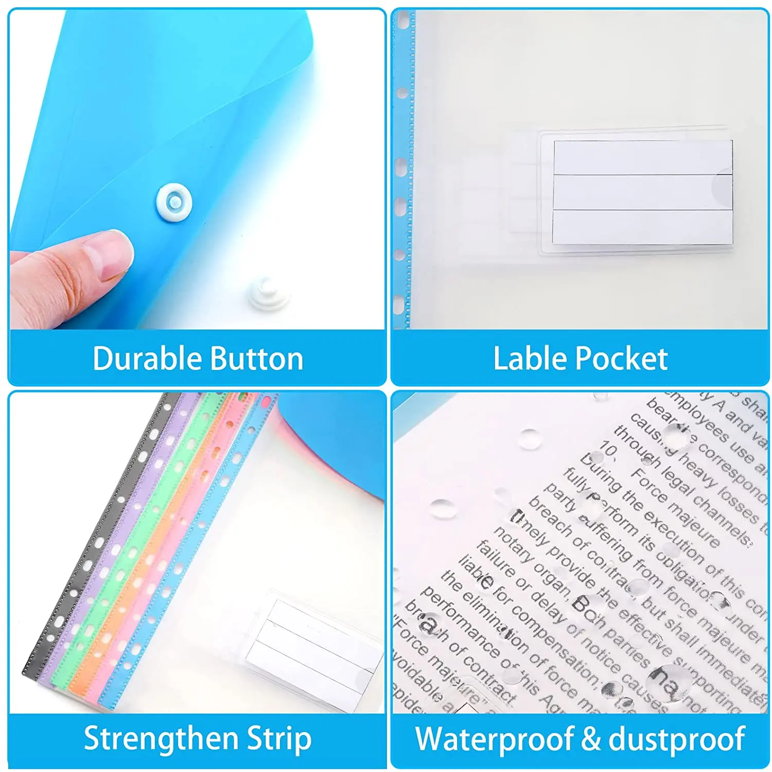 A4 Expandable Binder Pocket for 2/3/4 Ring Binder Heavy Duty Plastic Envelope File Folders with Snap Button and Label Pocket