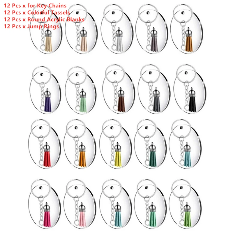 48 Pcs Acrylic Keychain Blanks with Key Rings Round Clear Discs Circles Colorful Tassel Pendant Jump Rings for DIY Craft