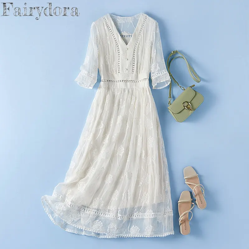 Natural Silk Dress for Women, Heavy Mulberry Silk, V-Neck, Embroidery White Dress, Half Sleeve, Beach Dress, Luxury, 28042