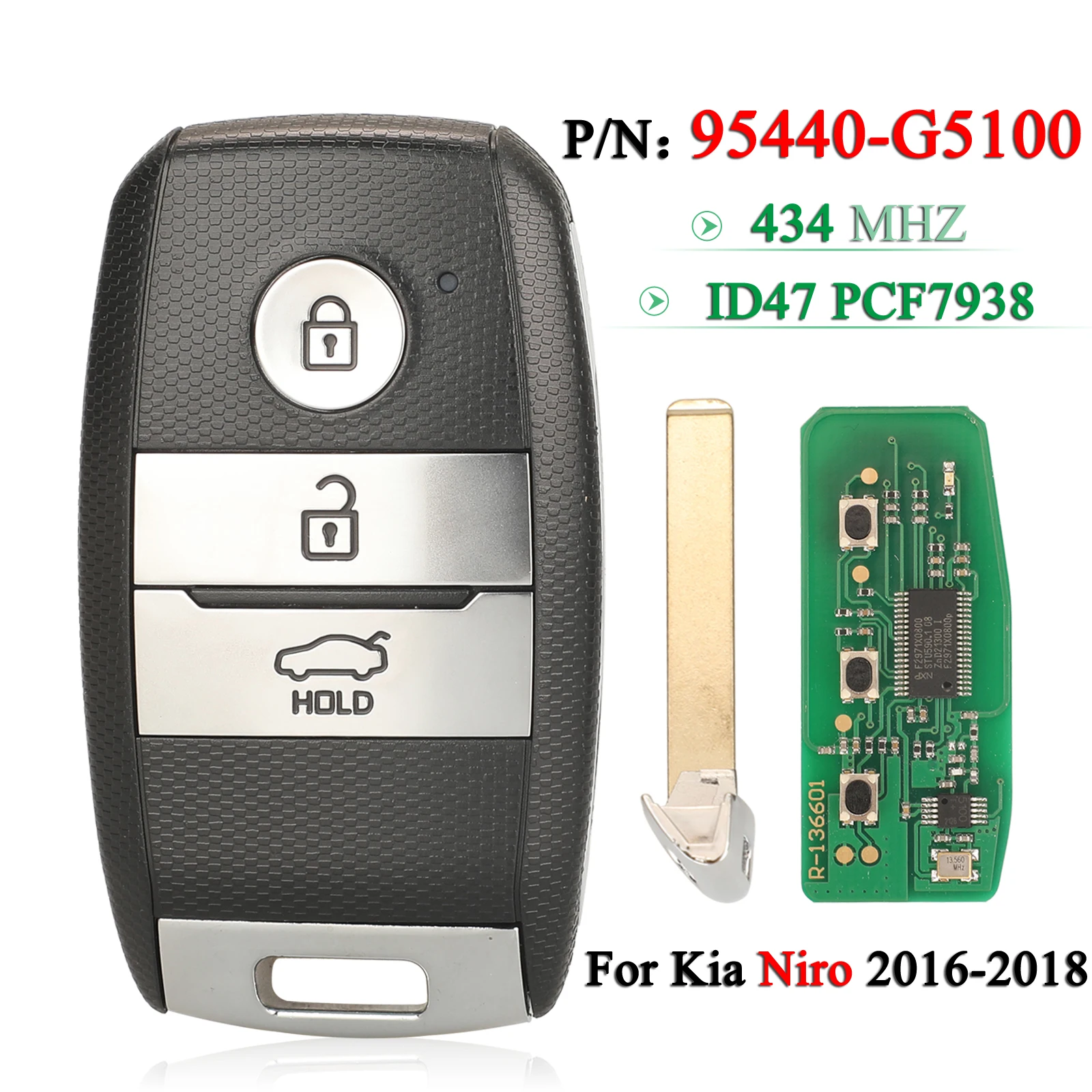 

jingyuqin 3 Buttons 433.92MHz ID47 PCF7938 Chip for KIA Niro 2016 2017 2018 Fob 95440G5100 Car Smart Remote Key Replacement