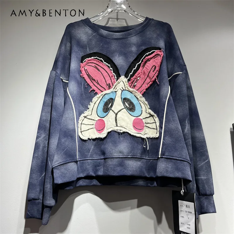 

2025 Autumn New Short Y2k Hoodies Round Neck Long Sleeves Gradient Color Block Cartoon Pattern Design Loose Versatile Sweatshirt