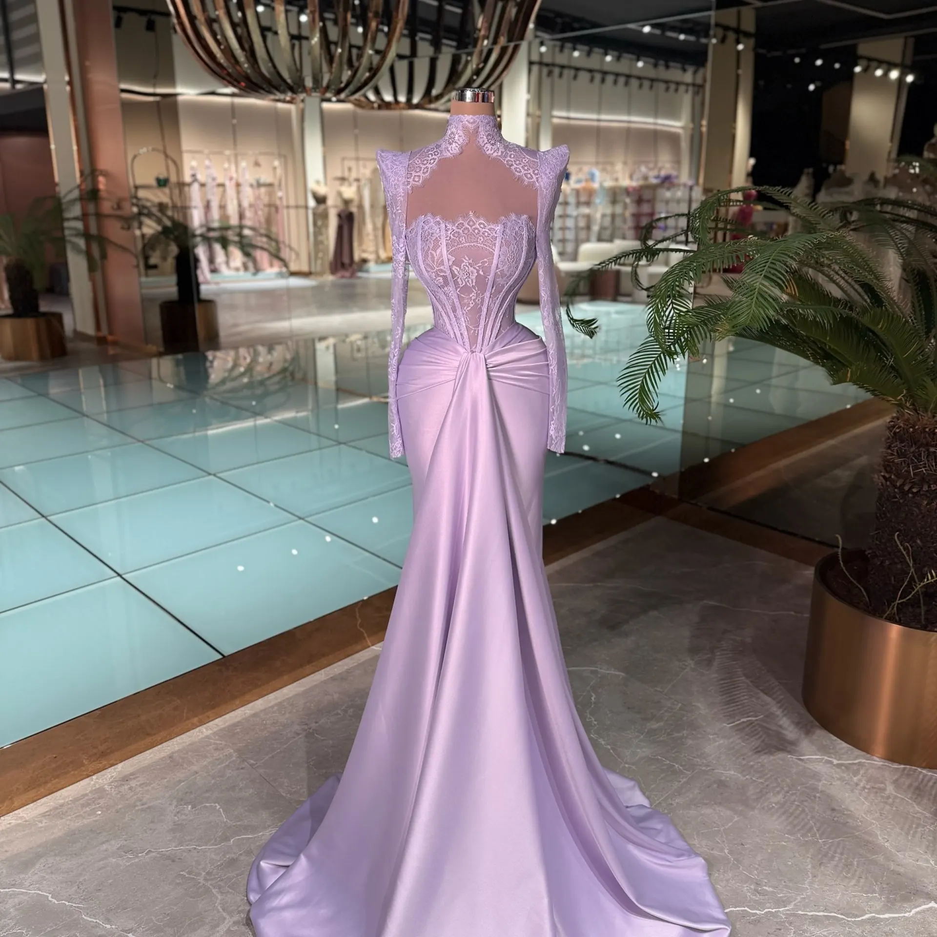 

Lavender Purple Long Sleeve Lace Evening Gown with High Neck & Butterfly Shoulder, Backless Mermaid Prom Dress with Waist Bow