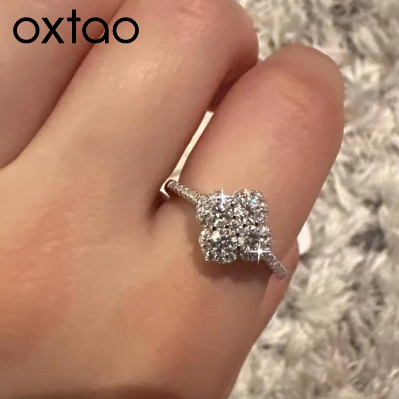 

OXTAO Classic Floral-Style Ring Anniversary Gifts for Women 14K Gold Filled 3mm Moissanite Four Leaf Wedding Ring Jewelry