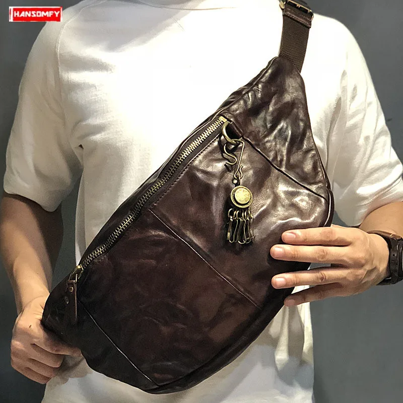 

2024 new handmade original suede leather men's chest bag retro genuine leather shoulder bag folds men Waist pack messenger bags