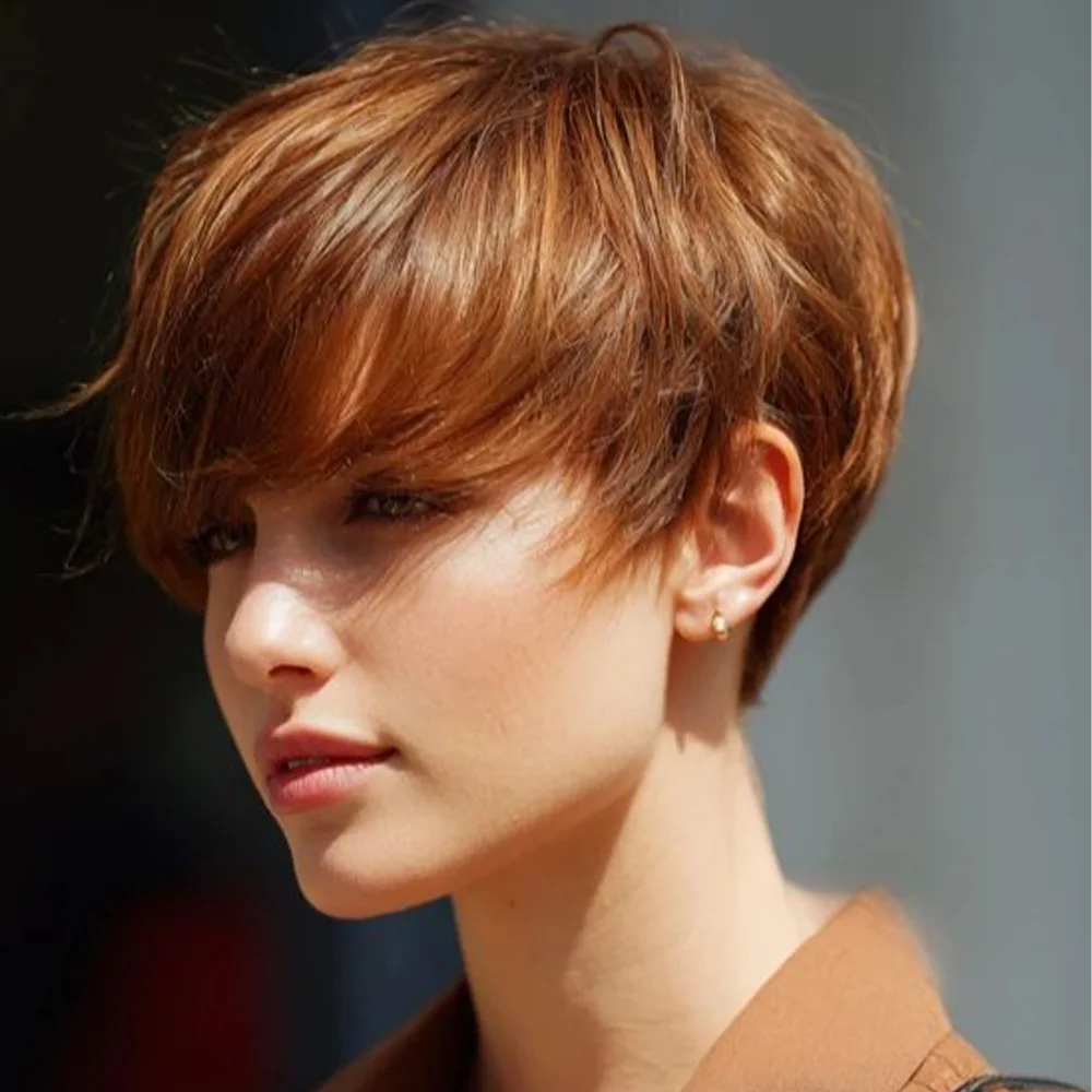 

Brown Short Pixie Cut Wig with Bangs | 180% Density Remy Human Hair, Full Machine-Made Straight Hair,