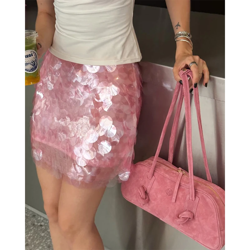 Women Pink Gradient Big Sequin Mini Skirt Sexy High Waist Slim Skirts 2026 Summer Beach Vacation Y2k Style Party Street Outfit