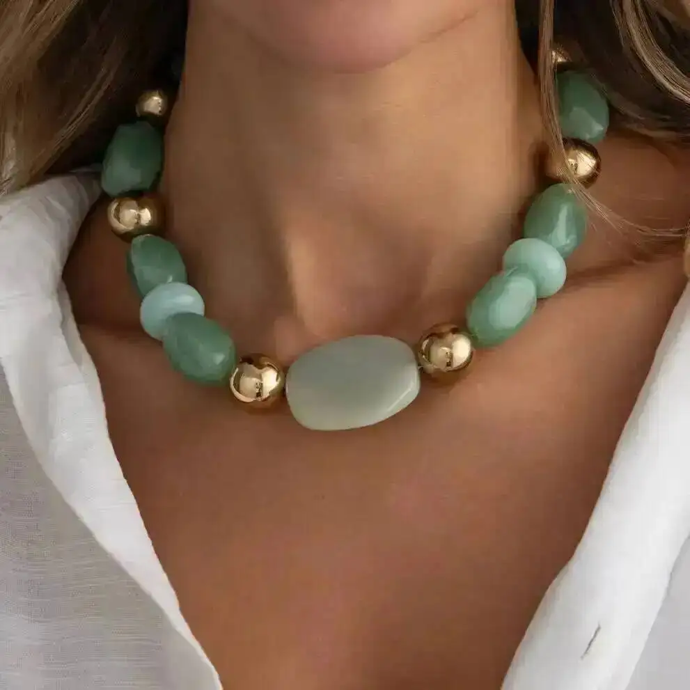IngeSight.Z Y2K Boho Green Thick Acrylic Resin Choker Necklaces 2026 Retro Irregular Bead Collar Chain Personalized Jewelry