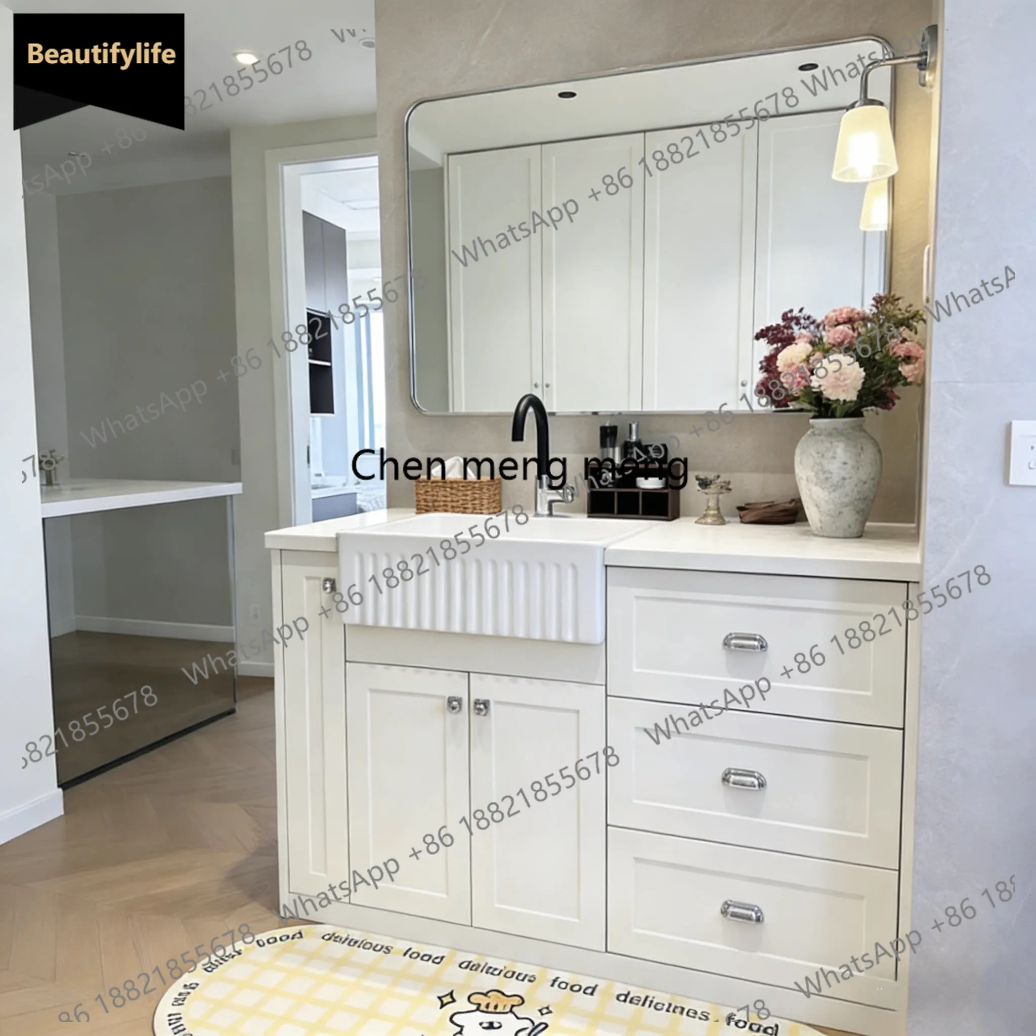 

C139 Комплект мебели для ванной комнаты: тумба под раковину из кремового камня, напольный шкаф от пола до потолка, дубовая тумба с раковиной.