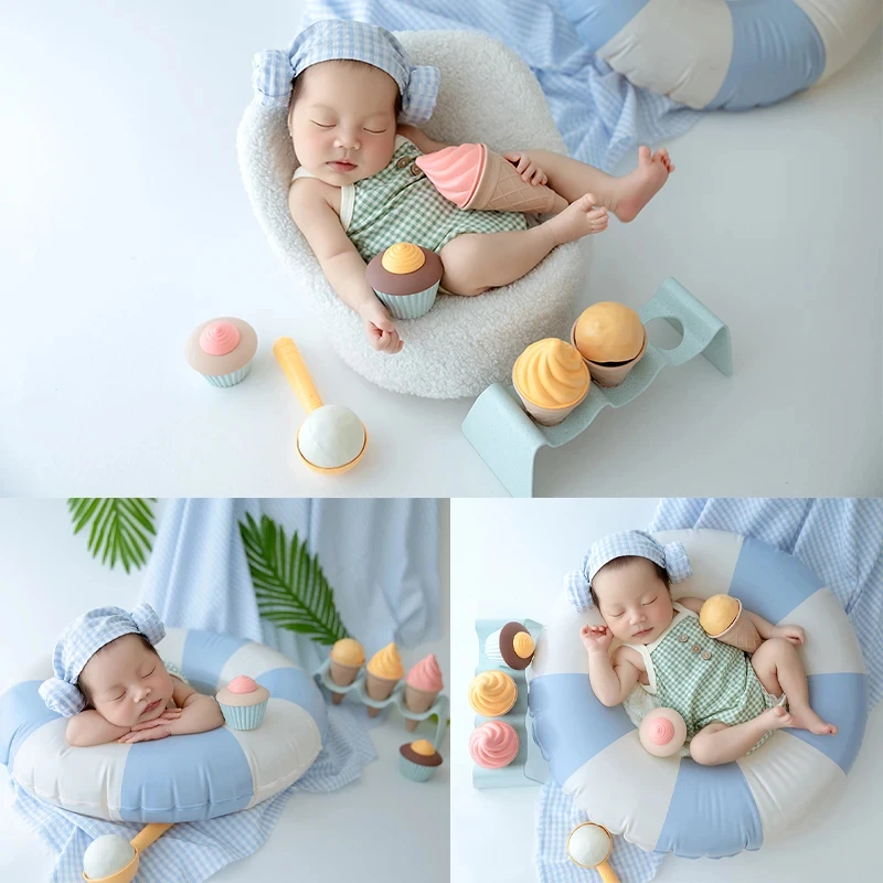 Summer Baby Photography Clothing Color Matching Swimming Ring Ice Cream Newborn Photo Props Baby Clothing + Hat Headscarf Set