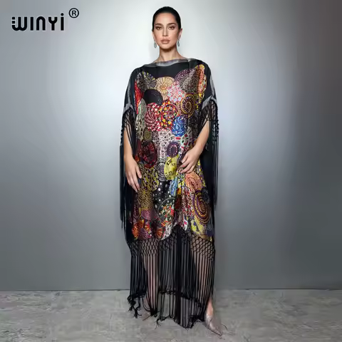 WINYI Summer retro Fringed dress Women crumple fashion kaftan Loose boho robe holiday Elegant evening dress abaya dubai luxury