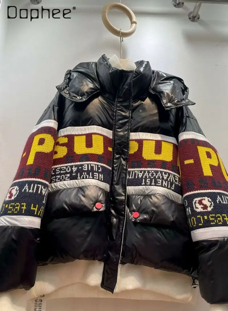 

European Style Down Jacket Women Winter Personality Color-Block Knitted Letter Embroidery Patchwork Glossy Puffer Jacket Trendy