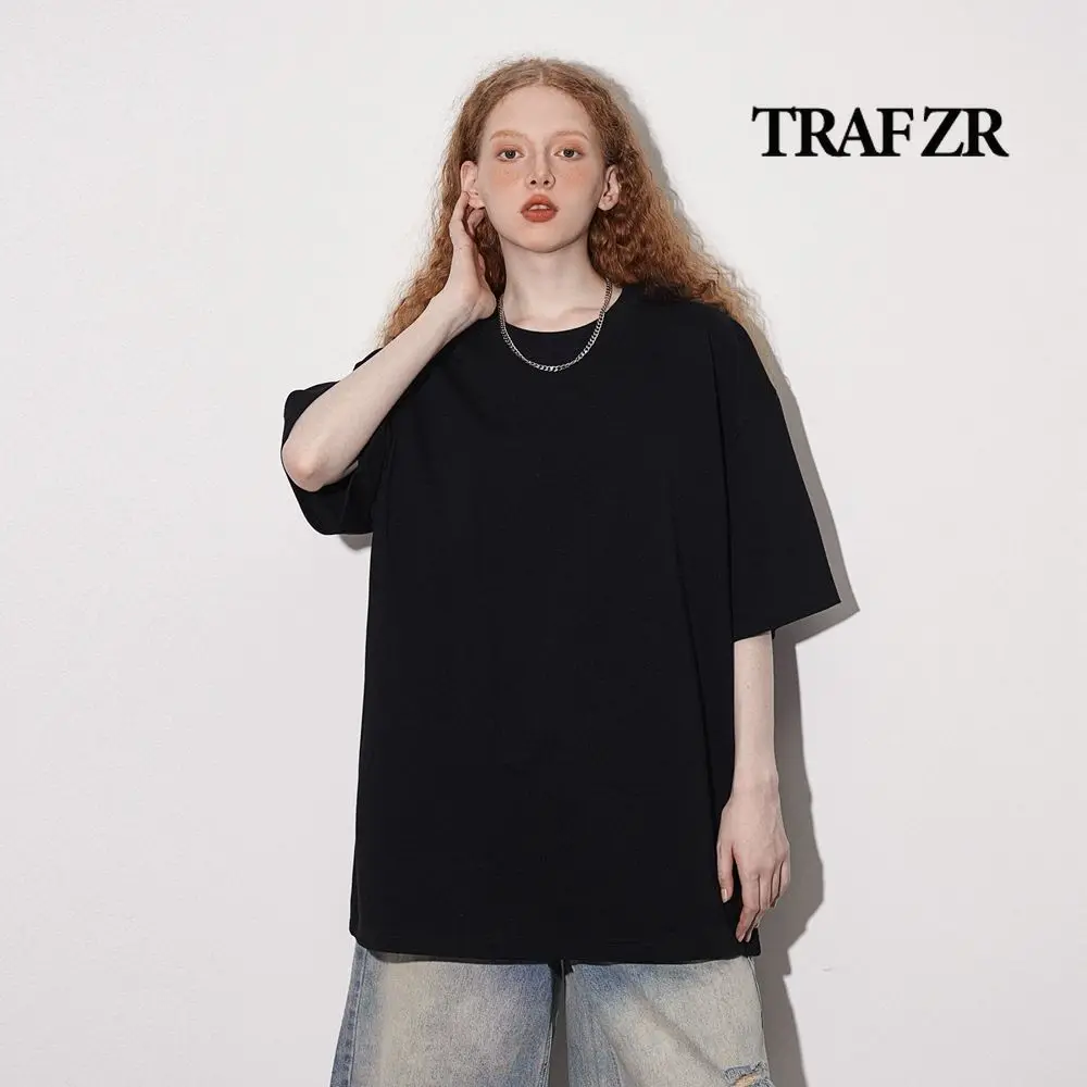 TRAF ZR Casual Shirts T-shirts Oversize Shirt O-neck Harajuku 100% Cotton Top Short Sleeve Tee Women Oversized T-shirt Tops Tees