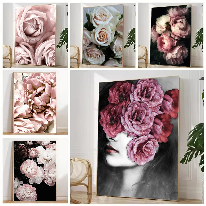 

Pink Peony Flower Leaf Plant Poster Nordic Botanical Print Canvas Painting Wall Art Aesthetic Picture Interior Home Decor