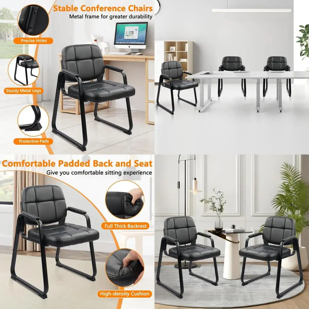 

Элегантное черное кожаное кресло для посетителей с базой-ледником, подлокотниками и поясничной опорой для офисных приемных зон