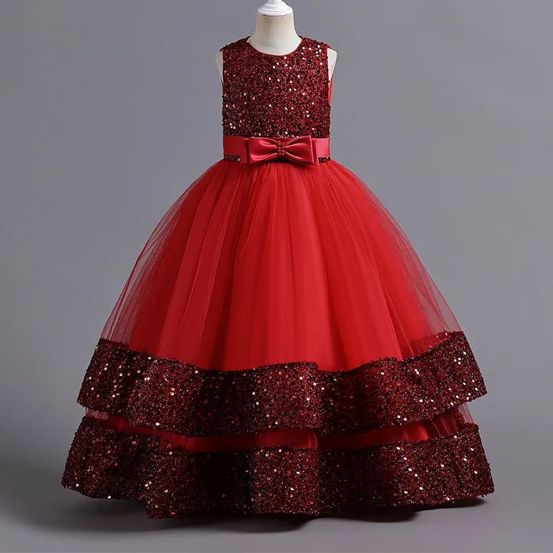 New Children\'s Dress Sequin Children\'s Dress Bow Princess Dress Flower Girl High-end Piano Wedding Party Performance Dress