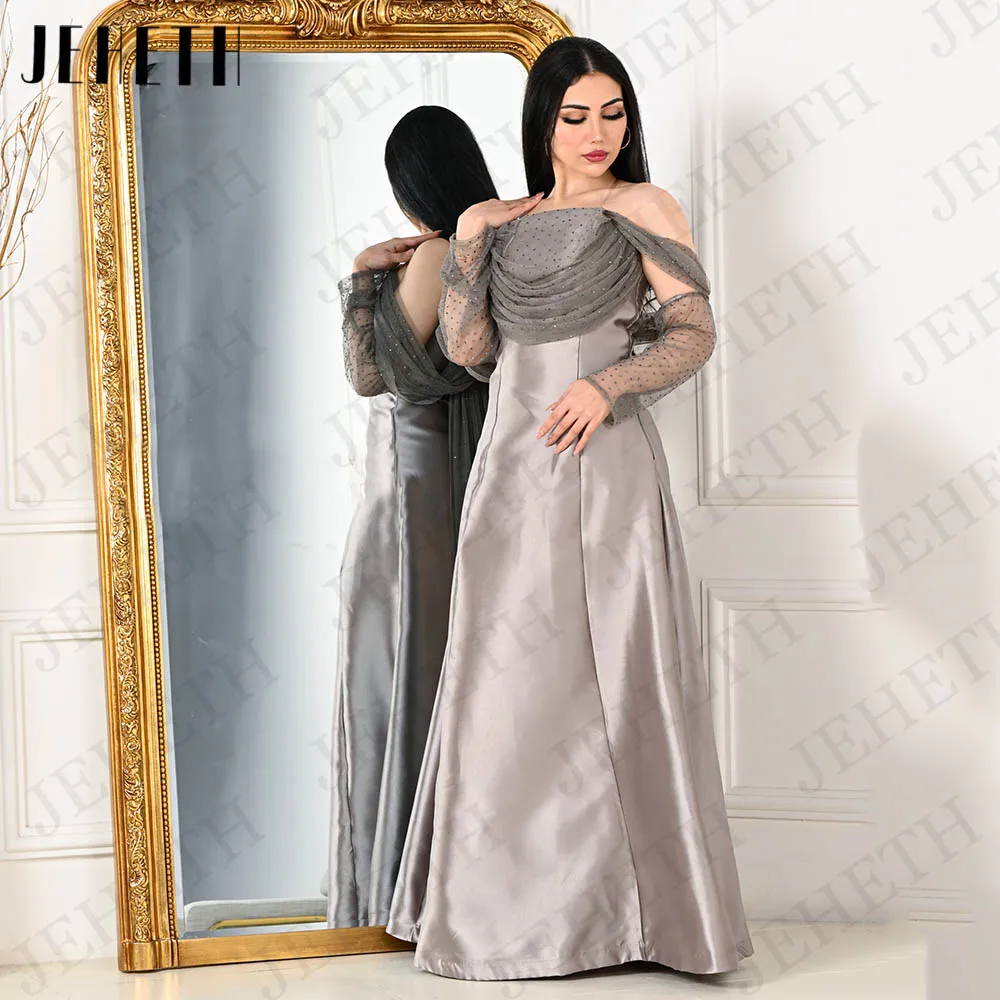 JEHETH فساتين السهرة Strapless Satin Evening Dresses Dubai A Line Long Sleeves Arabic Off Shoulder Prom Gown Formal Backless