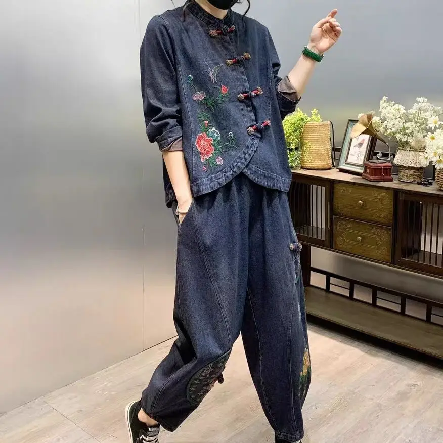Vintage Button Loose Embroidered Flower Denim Fashion Set Versatile Women's Two Piece Set Fashion women's clothes jeans suit3585
