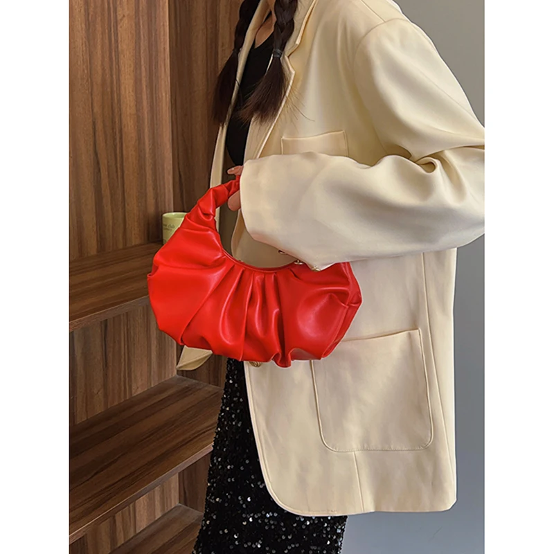 Korean Women\'s Popular Pleated Handbag Red Designer Style Bridal Wedding Bag 2024 Summer New Advanced Sense Casual Commute Bags