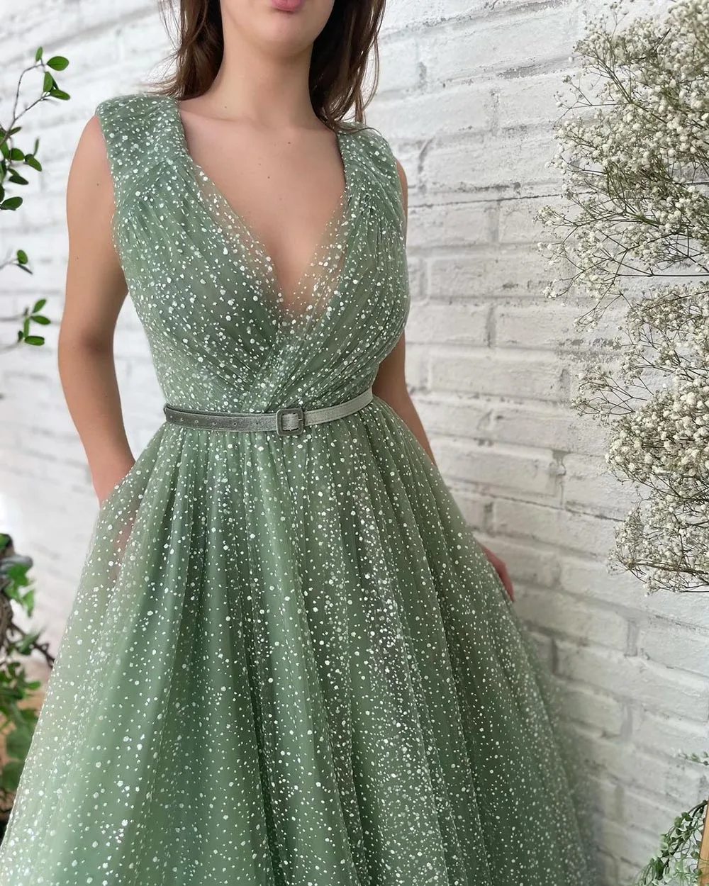 Sevintage Sparkly Groen Gestippelde Tulle Prom Jurken Met Riem V-hals A-lijn Formele Party Dress Lange Avondjurken Met Zakken