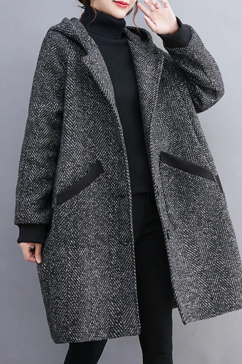 Overcoat Large Size Women\'s Autumn And Winter Korean Version Loose Cocoon Hooded Coat Medium Long Wool Jacket Windbreaker T742