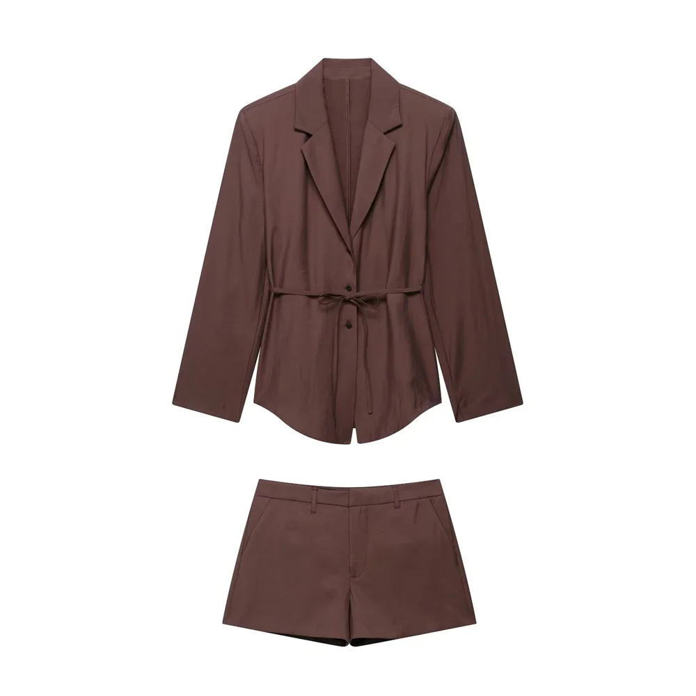 

Taop&Za Summer New Product: Women's Long Sleeve Collar Thin Belt Suit Coat Tripping Belt Decoration Mid Waist Mini Shorts