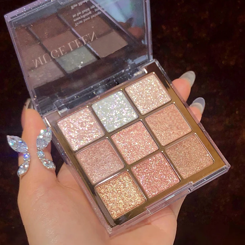Paleta de sombras de ojos con purpurina de 9 colores: tonos rosas y rosas de larga duración, acabado metálico, efecto mate y brillante, alto pigmento de larga duración, fácil de mezclar, rosa dorado marrón