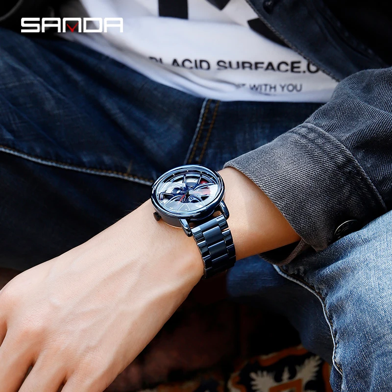 SANDA P1025 Rotation Rim Hub Sports Car Watch Men\'s Waterproof Stainless Steel Wheel Quartz Wristwatch Men with Luminous Hands