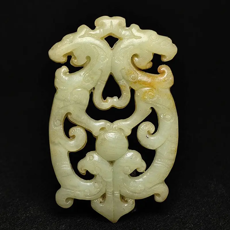 YIZHU CULTUER ART Size 7.3×4.5×0.8cm Old Chinese Jade Carved Dragon Phoenix Statue Disc Pendant Collection