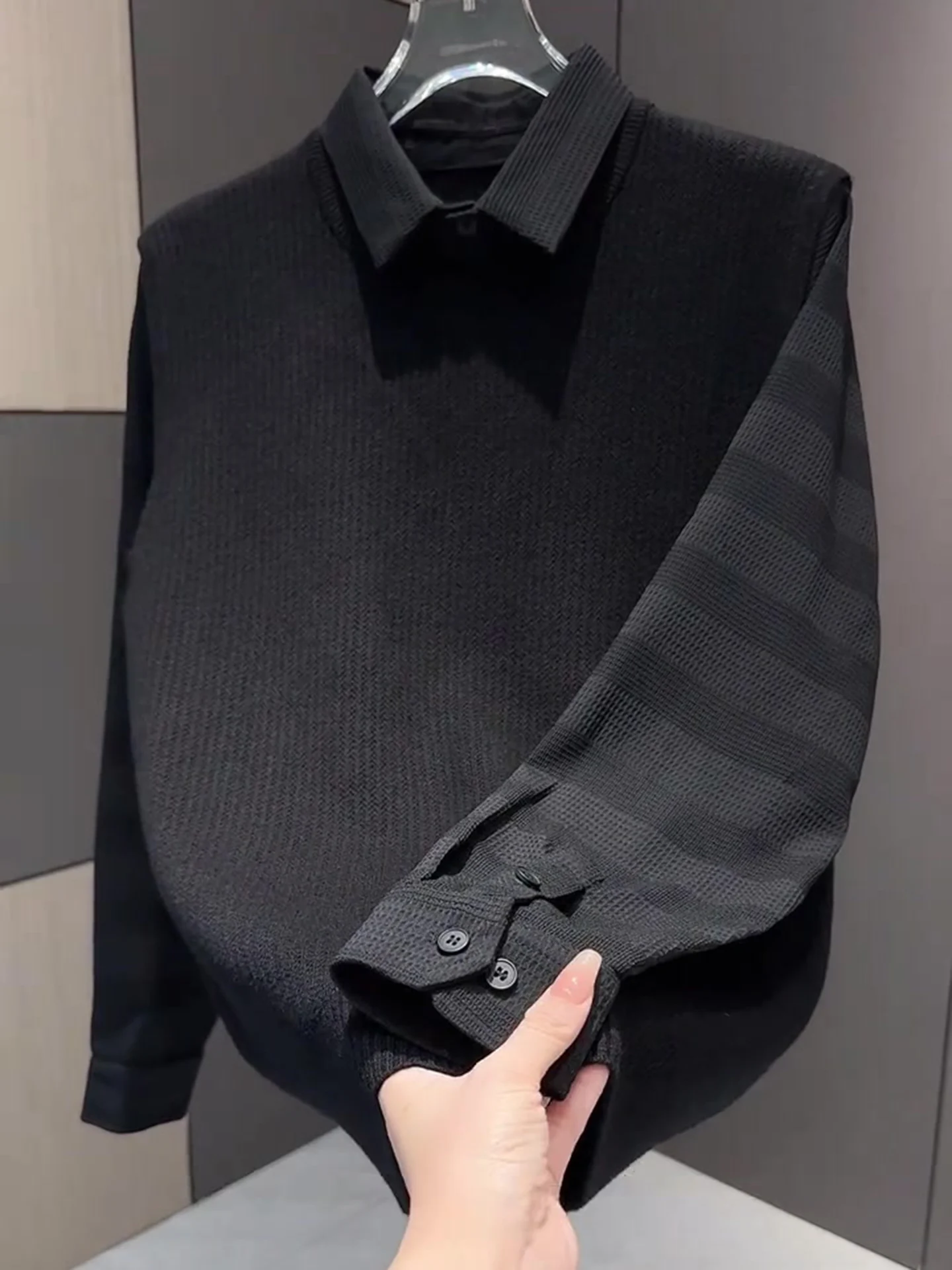 

Casual Men's Long Sve T-irt Faionable Versatile Large Size Autumn Winter Trendy Fake Two-Piece Collared Top