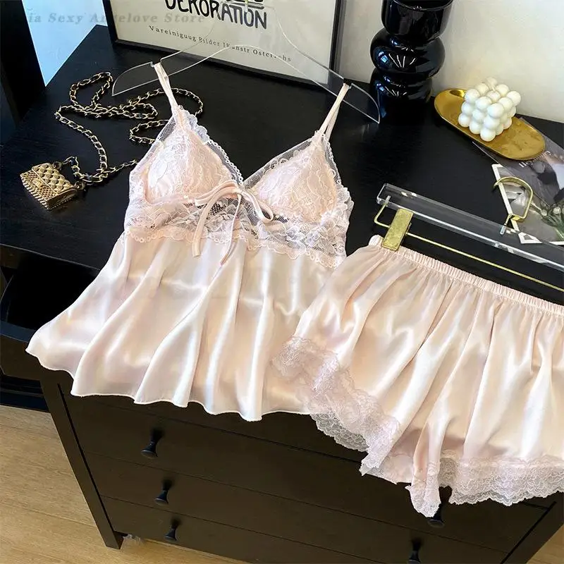 Summer Suspender Pajamas Set Women Home Wear Sleepwear Sexy Splicing Lace Cami&Shorts Pijama Mujer Lingerie Ice Silk Loungewear