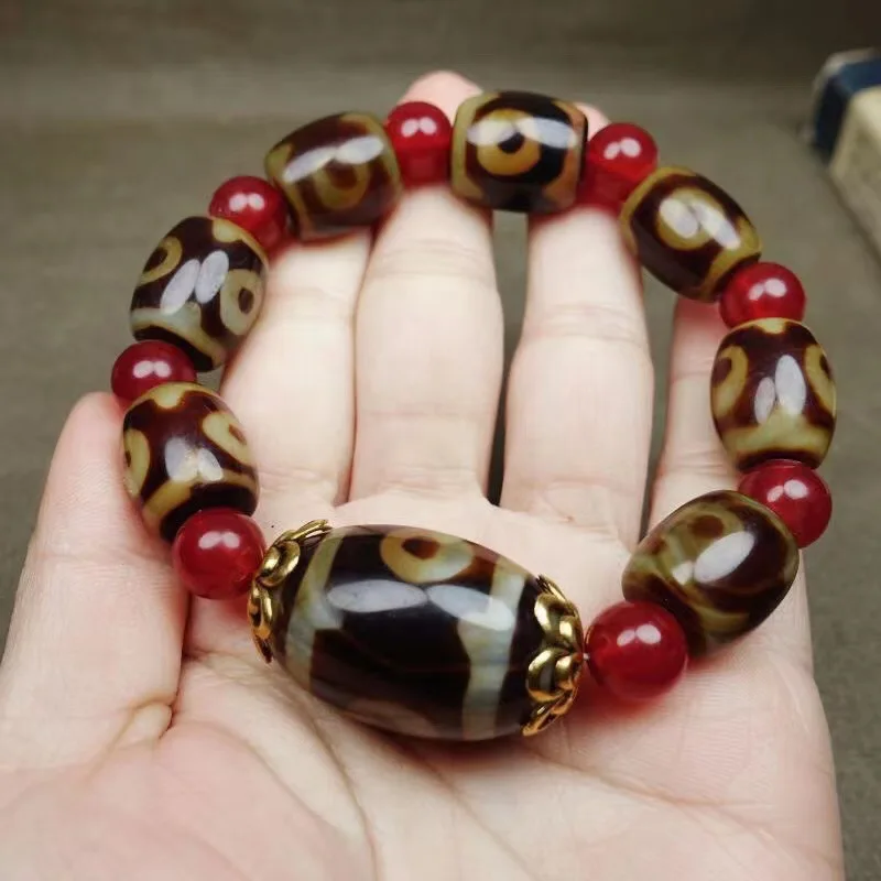Tibetan Agate Three-eye Dzi Bead Bracelet, Agate Bracelet, Retro Ethnic Style Chalcedony Dzi Bead Bracelet, Jewelry