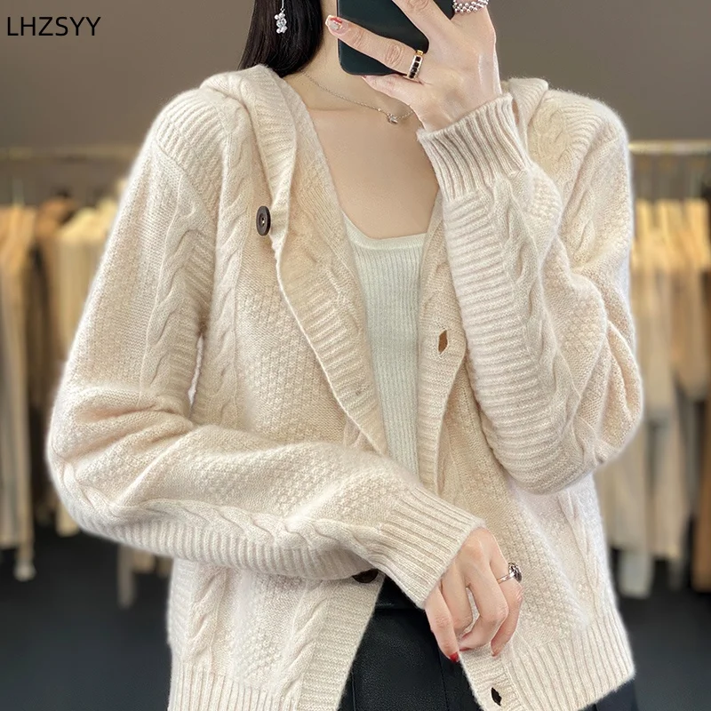 Cardigan com capuz para senhoras, 100% lã merino, capuz solto, jaqueta quente, casacos de malha torcida, traje feminino, tops de moda, outono e inverno