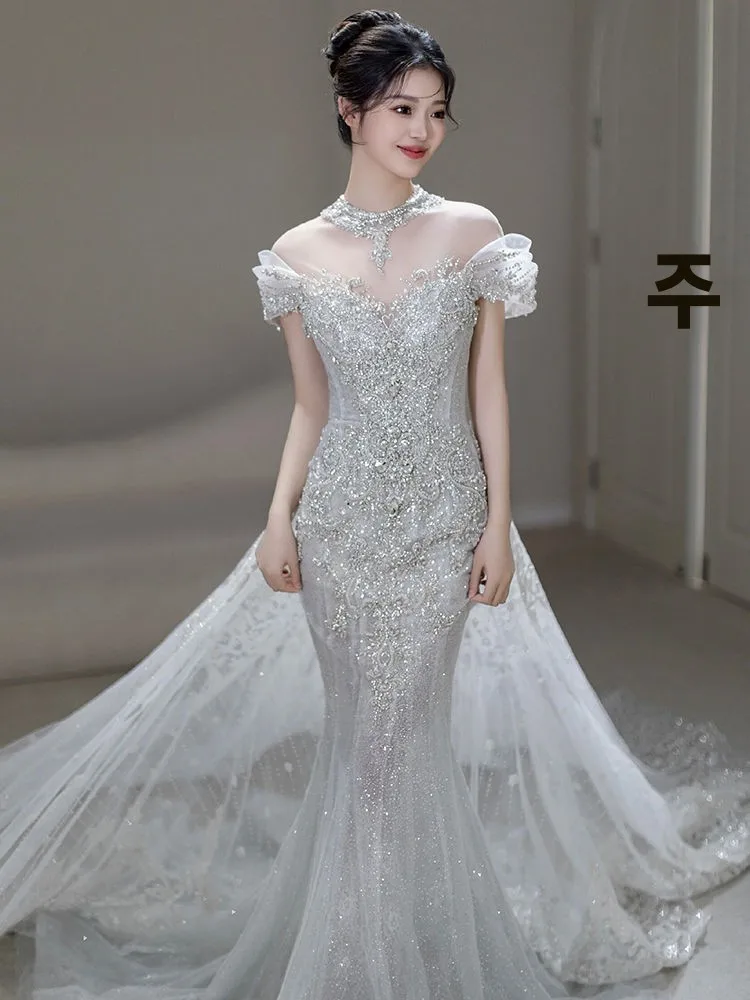 

Heavy Embroidery Fi Tail Wedding Dr Skirt Sexy One oulder Strapl Gown with Long Train for Young Women