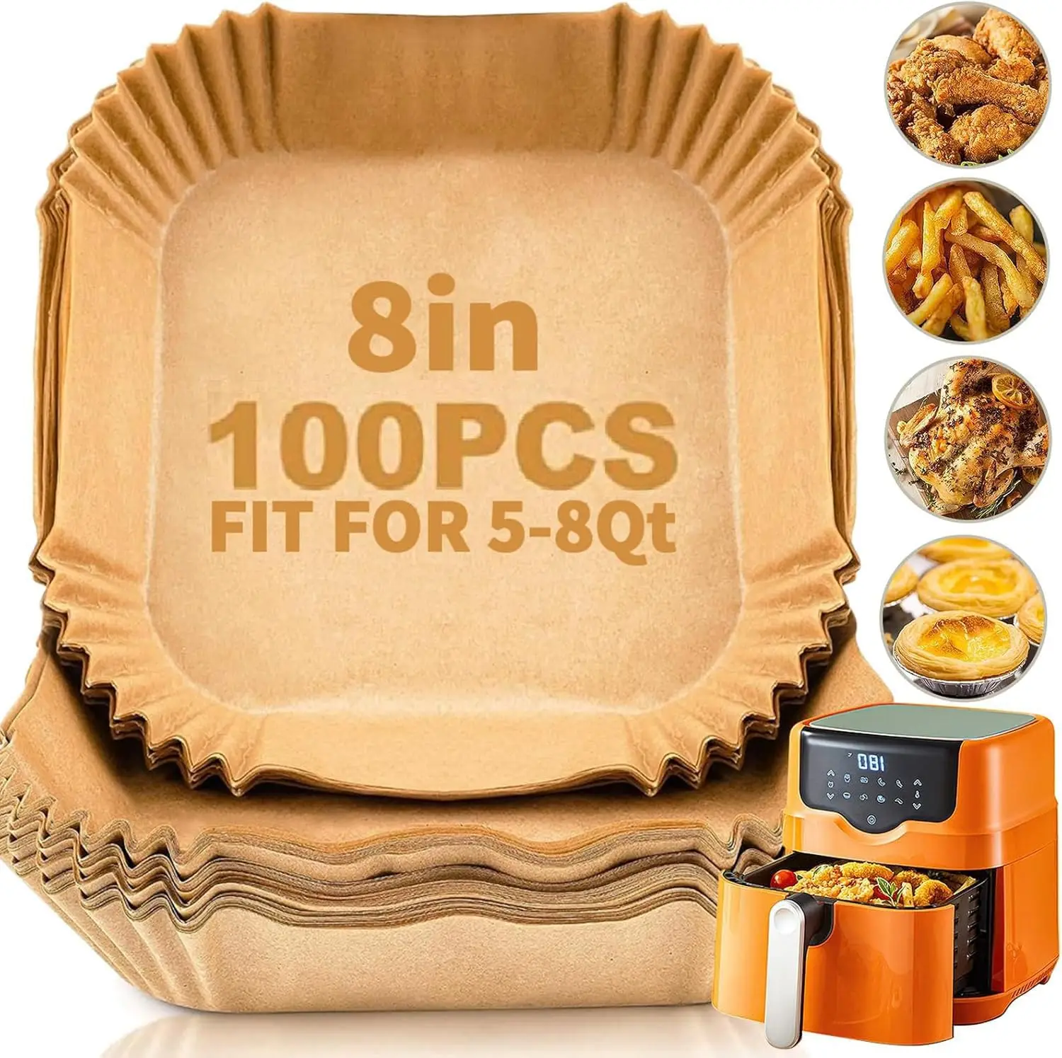 

8 Inch Square Disposable Parchment Liners for 5-8 QT Air Fryer Basket Microwave Safe Non Stick 100 Count