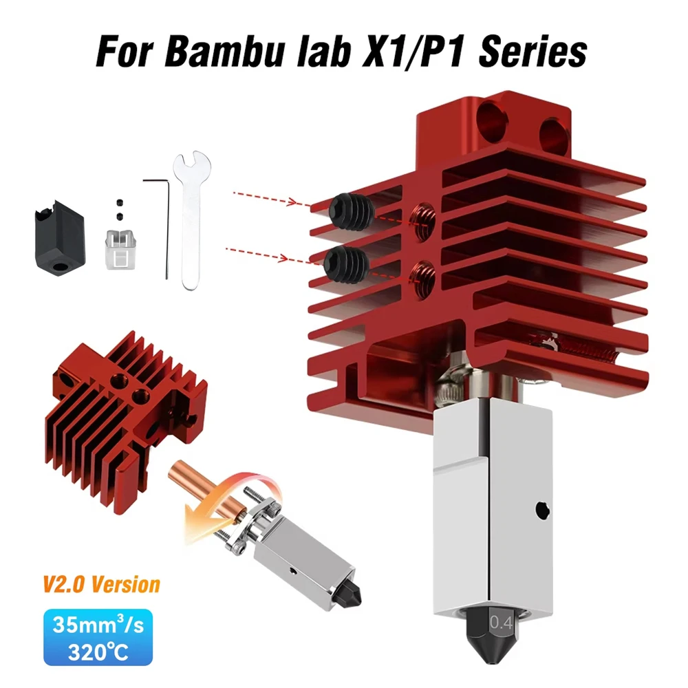 Upgrade Hotend Red V2 For Bambu Lab X1 X1C P1P P1S Hard Steel Nozzles Bamboo Bambulabs Combo Bimetal Heated Block Thermisto