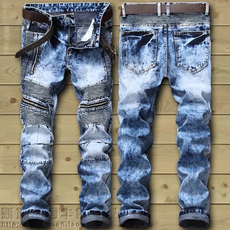 

Dropshipping Fashion New Biker Jeans Men's Distressed Stretch Ripped Hip Hop Slim Fit Holes Punk Denim Cotton Pants