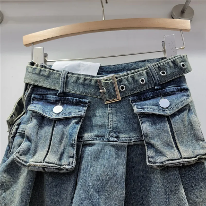 Mini Jupe Cargo Plissée en Denim pour Femme, Streetwear, Y2K, avec Poches, Ceinture à Œillets, Mode Décontractée, Automne 2024