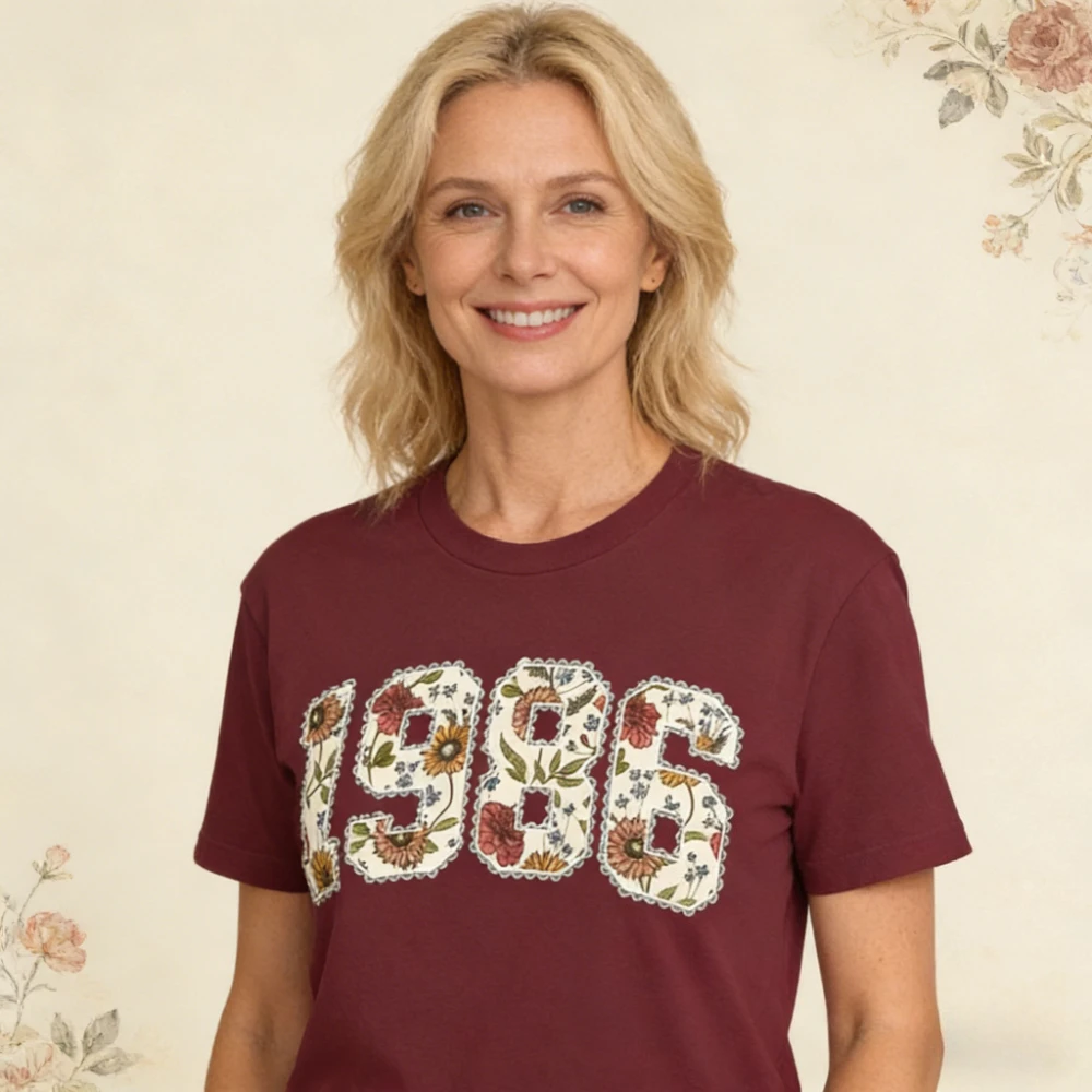 Vintage 1986-Shirt, 40. Geburtstag, Blumen-Grafik-T-Shirt, 1986, Damen, schlicht, lässig, bedruckt, Oberteil für den Alltag, Rundhalsausschnitt, Baumwolle, kurze Ärmel