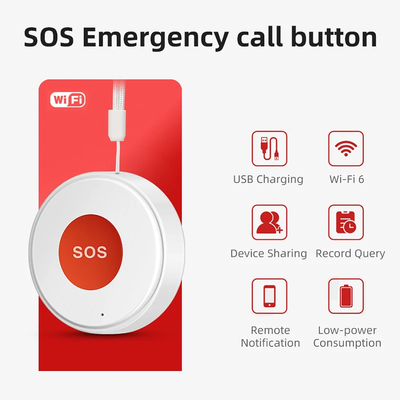 Tuya Smart WIFI SOS-Notruftaste, Panikalarm mit APP-Warnungen, wiederaufladbarem Akku, Ein-Tasten-Hilfe für behinderte ältere Kinder