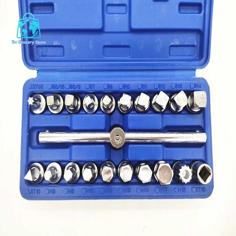 21PCS Oil Drain Pipe Plug Socket Set Oil Pan Screw Sleeve Wrench 3/8-Inch drive Sliding T-bar Removal Kit