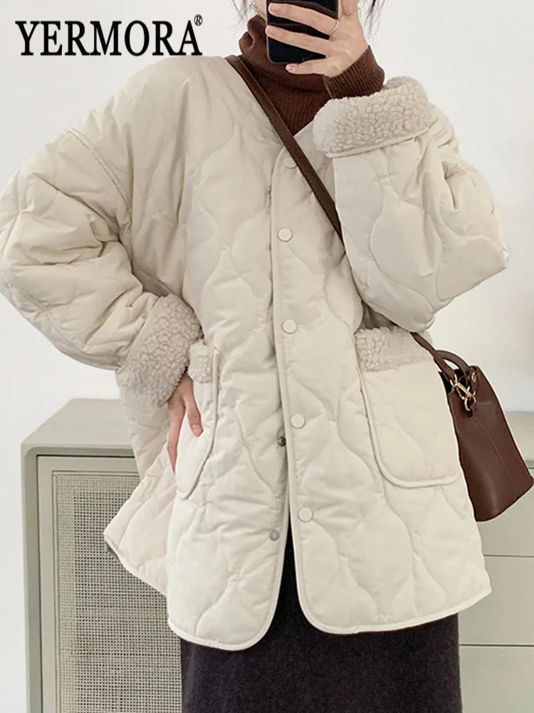 

YERMORA бежевые короткие шорты с карманами и пряжкой, повседневное пальто с хлопковой подкладкой, женские парки с круглым вырезом и длинными рукавами, модная новинка осени-зимы 2025